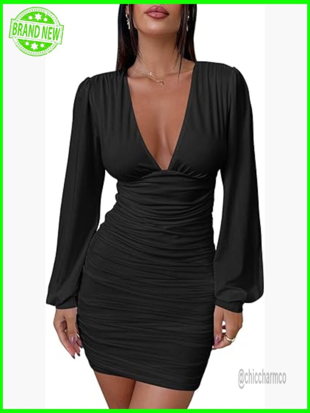 Sexy Ruched Bodycon Long Sleeve V Neck Mini Dress